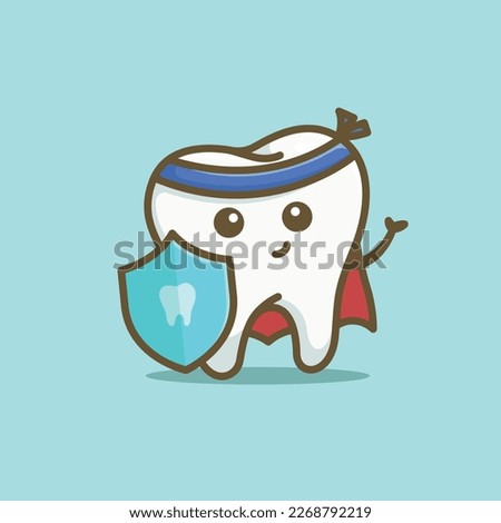 Cute cartoon super hero tooth with shield character vector illustration health dentist icon