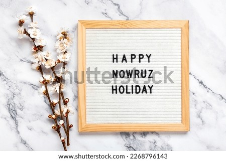 Felt board with text Happy Nowruz holiday, sprigs of the apricot tree with flowers on marble background Concept of spring came Top view Flat lay Hello march, april, may, persian new year