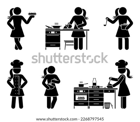 Stick figure chef cook girl vector set. Female person cooking grilled chicken, pie, soup at home restaurant kitchen icon Royalty-Free Stock Photo #2268797545