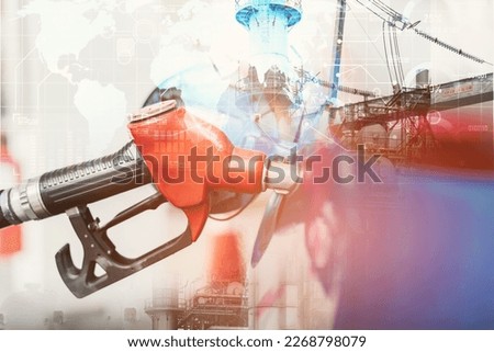 Car fueling at gas station. Refuel fill up with petrol gasoline. Blur petroleum refinery plant and world map background. Petrol industry. Petrol price and oil crisis concept. World oil market concept Royalty-Free Stock Photo #2268798079