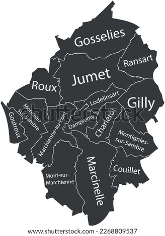 Dark gray flat vector administrative map of CHARLEROI, BELGIUM with name tags and black border lines of its municipalities