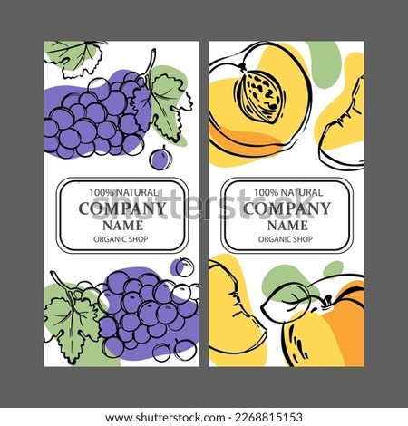 PEACH GRAPE LABELS Vertical Stickers Design For Shop Of Tropical Organic Natural Fresh Juicy Fruits And Dessert Drinks In Sketch Style Vector Illustration Set