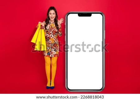 Photo of impressed funky woman wear flower print dress holding shoppers modern gadget empty space isolated red color background