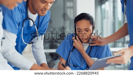Burnout, doctor with phone call and medical paperwork, stress and administration anxiety, multitasking and overwhelmed in healthcare. Overworked, mental health with coworkers and time management fail Royalty-Free Stock Photo #2268820945