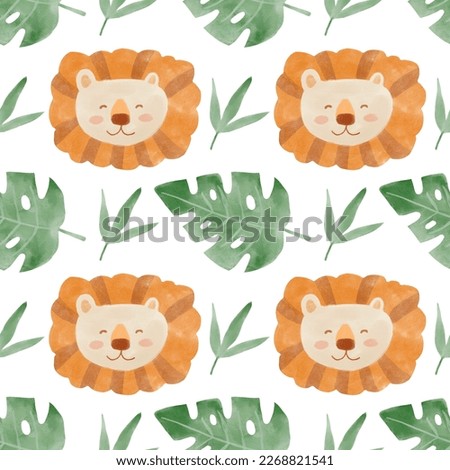 African animals watercolor pattern. Jungle animals lion seamless watercolor background. Hand painted wild animals illustration isolated on white background. Nursery wallart
