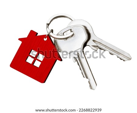 House key pair with red house shaped keyring isolated on white background. Royalty-Free Stock Photo #2268822939