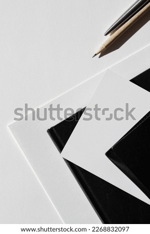 Minimal Office Desk Flatlay of Sheets of Paper, Notebook, Stationery. Business Meeting Mockup. 