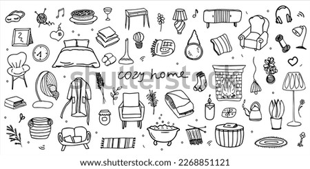 A set of elements is a cozy house. Interior items, dishes. Bed, armchair, furniture, plants. Vector black and white elements drawn by hand. Logo, doodle, sketch, clipart, template, design Royalty-Free Stock Photo #2268851121