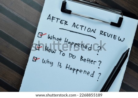 Concept of After Action Review write on paperwork isolated on Wooden Table.