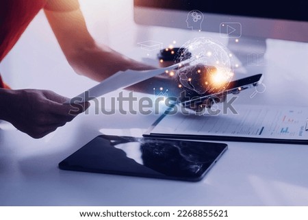 man wearing VR glasses and accessing the Technology Internet, multimedia, Storage Network connection Concept And a large database big data Through internet technology.