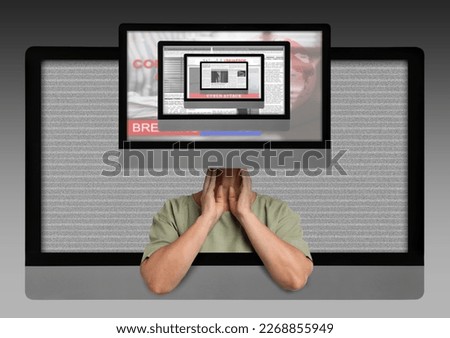 Mass media manipulation, propaganda, brainwashing. Woman in monitor with repetitive TV screens instead of head