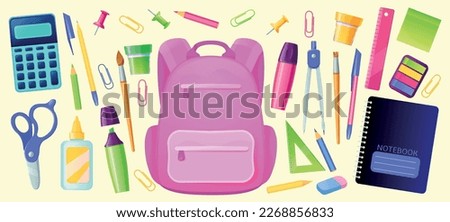 Stationery for school and kids backpack. Education supplies for children study. Vector cartoon set of bag, pen, pencils, eraser, drawing compass, notebook, calculator, scissors and ruler