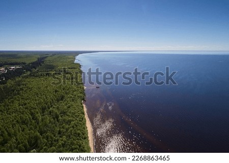 Top view of the lake and the shore of the earth, the skyline of the sky on a bright sunny day. Beautiful summer landscape, picture from the drone.