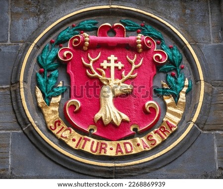 Close-up of one of the heraldic symbols on the Mercat Cross in the city of Edinburgh, Scotland. Royalty-Free Stock Photo #2268869939