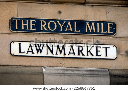 A street sign for Lawnmarket, situated on the historic Royal Mile in Edinburgh, Scotland.