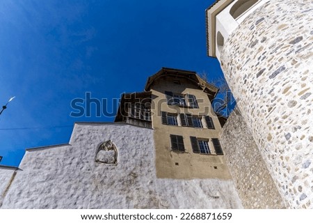 Castle hill at the old town of City of Thun with historic buildings on a sunny winter day. Photo taken February 21st, 2023, Thun, Switzerland.