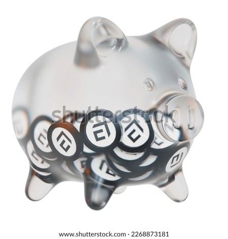 Conflux (CFX) Clear Glass piggy bank with decreasing piles of crypto coins. Saving inflation, financial crisis, and losing money concept. 3d illustration