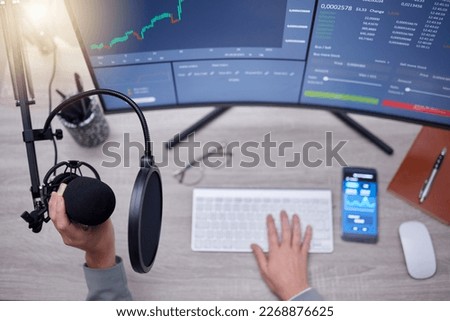 Microphone, person hands and podcast studio, computer screen and stock market news, radio or audio update. Mic, sound technology and reporter on pc monitor for broadcast, trading and statistics above