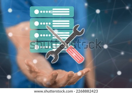 Server maintenance concept above the hand of a man in background