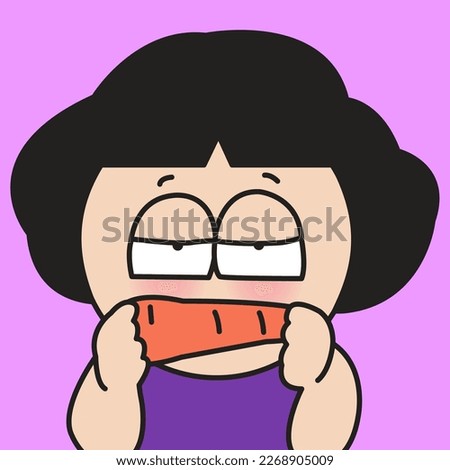 Closeup Portrait Of Boring Young Girl With Carrot Mouth. Veggie Hater Concept Card Character illustration