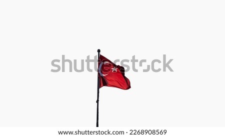 Waving Turkish flag isolated on white background, Red Turkish flag with white crescent and star. No people, nobody. National  patriotism. Copy space, space for text. Empty area. Starboard, ripple
