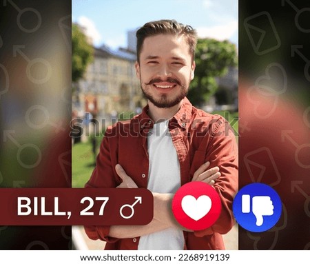 Dating site account of smiling handsome man. Profile photo, information and icons