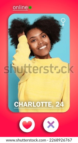 Dating site account of young African American woman. Profile photo, information and icons