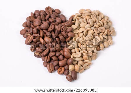 Coffee heart ,brown and green beans