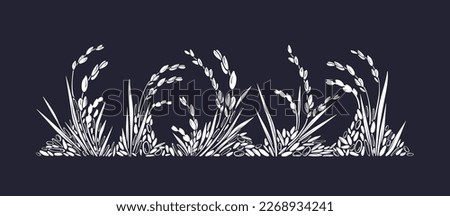 Rice field, mix grains. Vector texture drawing plant on black background. Graphic border. Asian traditional food. Organic milk, gluten free flour