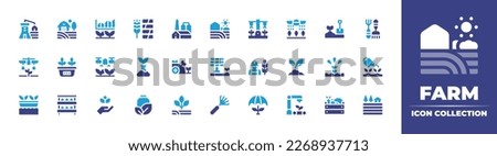 Farm icon collection. Duotone color. Vector illustration. Containing farm, smart farm, garden fork, plant pot, drone, flask, sowing seeds, solar energy, agronomy, seed, irrigation, watering can. Royalty-Free Stock Photo #2268937713