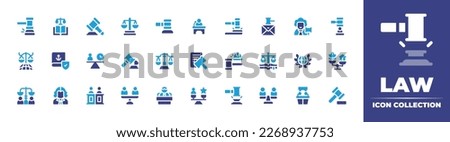 Law icon collection. Duotone color. Vector illustration. Containing law, constitution, auction, balance, gavel, testimony, email, judge, hammer, justice, law book, regulation, laws, laurel wreath. Royalty-Free Stock Photo #2268937753