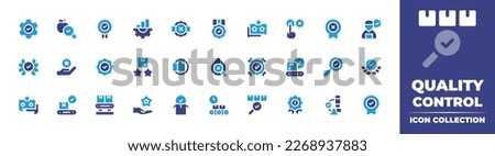 Quality control icon collection. Duotone color. Vector illustration. Containing settings, quality control, quality, improvement, badge, discussion, evaluate, bad quality, reward, customer review. Royalty-Free Stock Photo #2268937883