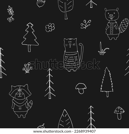 Cute animals Seamless pattern. Cartoon Animals in forest background. Vector illustration.