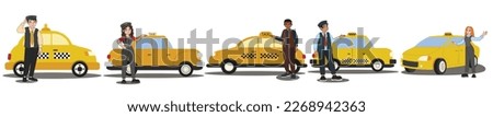 Set of taxi drivers near cars on white background