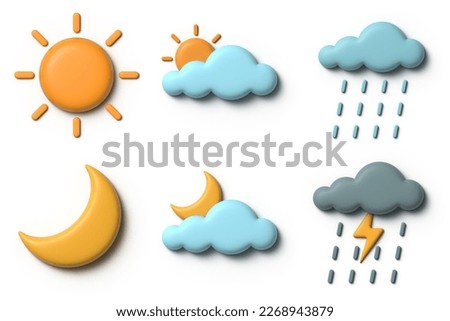 3D weather icon, Cloudy, Sunny, Rainy, Thunderstorm, 3D rendering