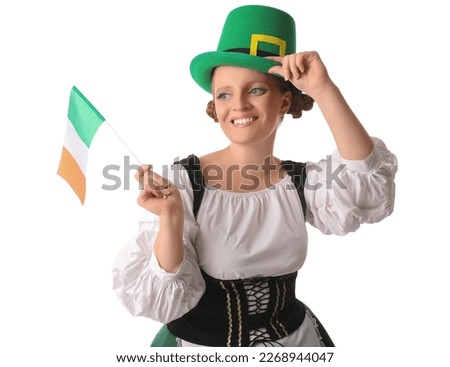 Irish waitress in hat with flag of Ireland on white background. St. Patrick's Day celebration