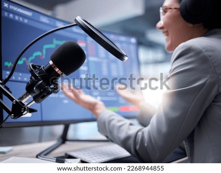 Stock market podcast, microphone and live streaming of investment growth with radio presenter. Fintech influencer, stocks chat and trading information communication of social media online speaker