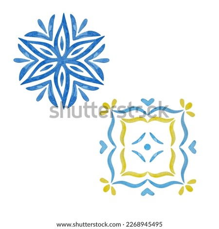 Watercolor set of Italian mediterranean lemons tiles, illustration for design