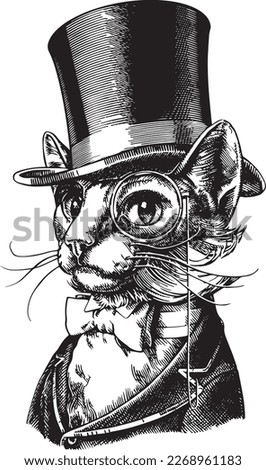 vector illustration cat gentleman mug in engraving style