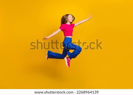 Photo of funky crazy stylish lady hurry store low prices clothes cool offer look empty space isolated on yellow color background