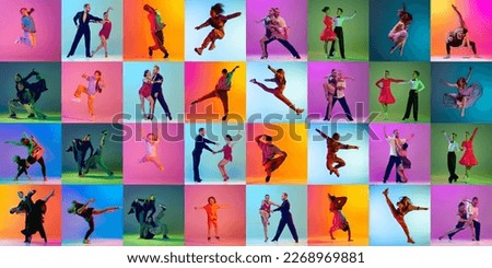 Collage. Children and adult people dancing different dance types,from classic to modernity over multicolored background in neon light. Ballroom and hip-hop. Concept of lifestyle, hobby, action, motion Royalty-Free Stock Photo #2268969881