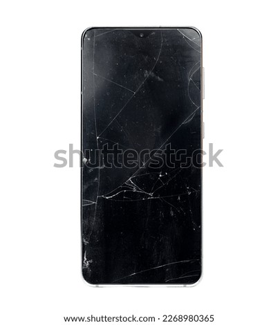 Smartphone with crack broken screen on white background. Smartphone Repairs concept.