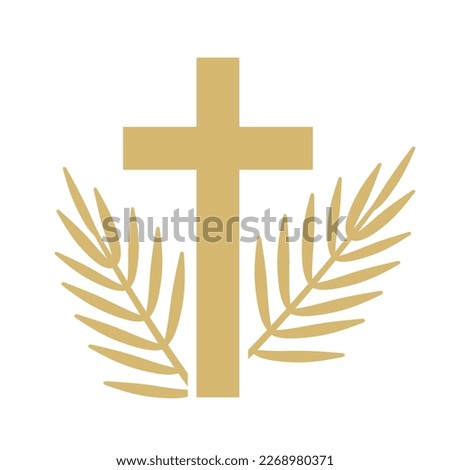 golden palm leaf and cross, Easter, Palm Sunday symbol- vector illustration