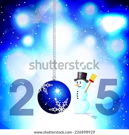 Abstract blue background with snowman and Christmas bauble for year 2015