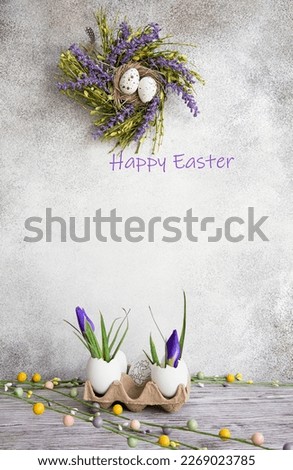 Postcardphoto postcard: "Happy Easter", on a light background. With space for text,easter wreath.