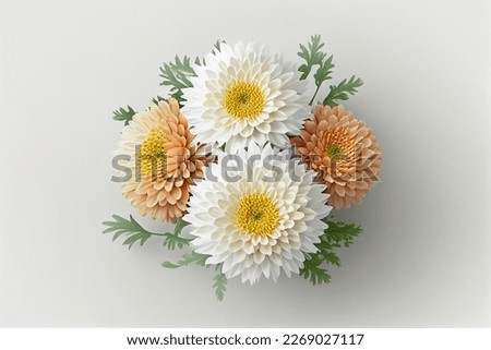 Flowers creative composition. Bouquet of chrysanthemum flowers plant with leaves isolated on white background. Flat lay, top view, copy space	
 Royalty-Free Stock Photo #2269027117