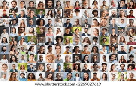 Collection of candid closeup photos of diverse positive people posing indoors and outdoors, collage. Happy multiracial men and women, children and teenagers sharing good vibes Royalty-Free Stock Photo #2269027619