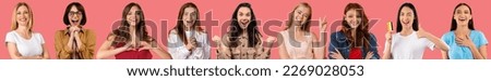 Mosaic of positive young women sharing good vibes on pink background, grimacing and gesturing, showing joy and happiness, collection of studio photos, collage, web-banner