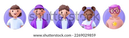 3D kid avatar set, child face icon, vector young school teen boy girl cartoon character, cute smile. Diverse kindergarten head collection, happy student team portrait profile clipart. Kid avatar kit Royalty-Free Stock Photo #2269029859