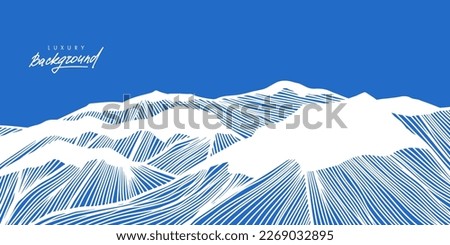 Alpine landscape. Linear Alps with peaks in snow. Banner with mountains. Line art. Linear hills with striped pattern. Minimalist japanese style background design. Vector illustration. Royalty-Free Stock Photo #2269032895